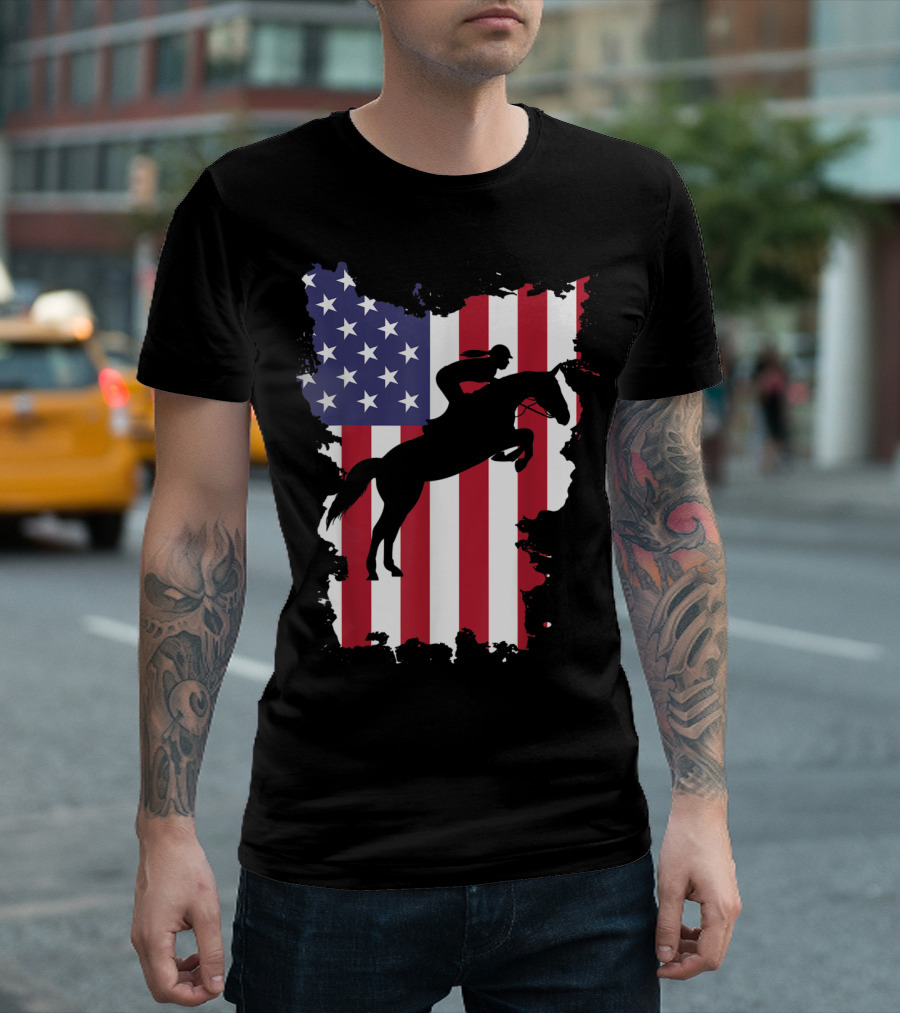 Show Jumping Horse Rider Silhouette Over American Flag 4th Of July U.S. Patriotic T-Shirt