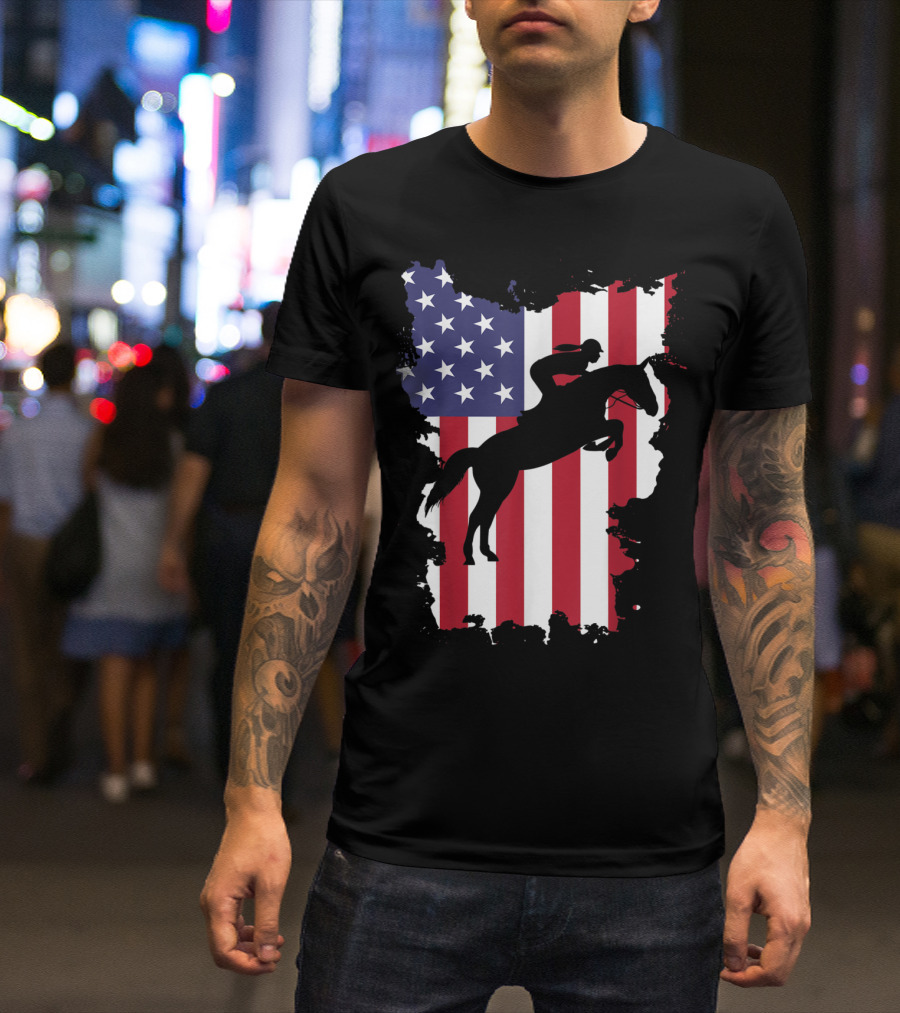 Show Jumping Horse Rider Silhouette Over American Flag 4th Of July U.S. Patriotic T-Shirt