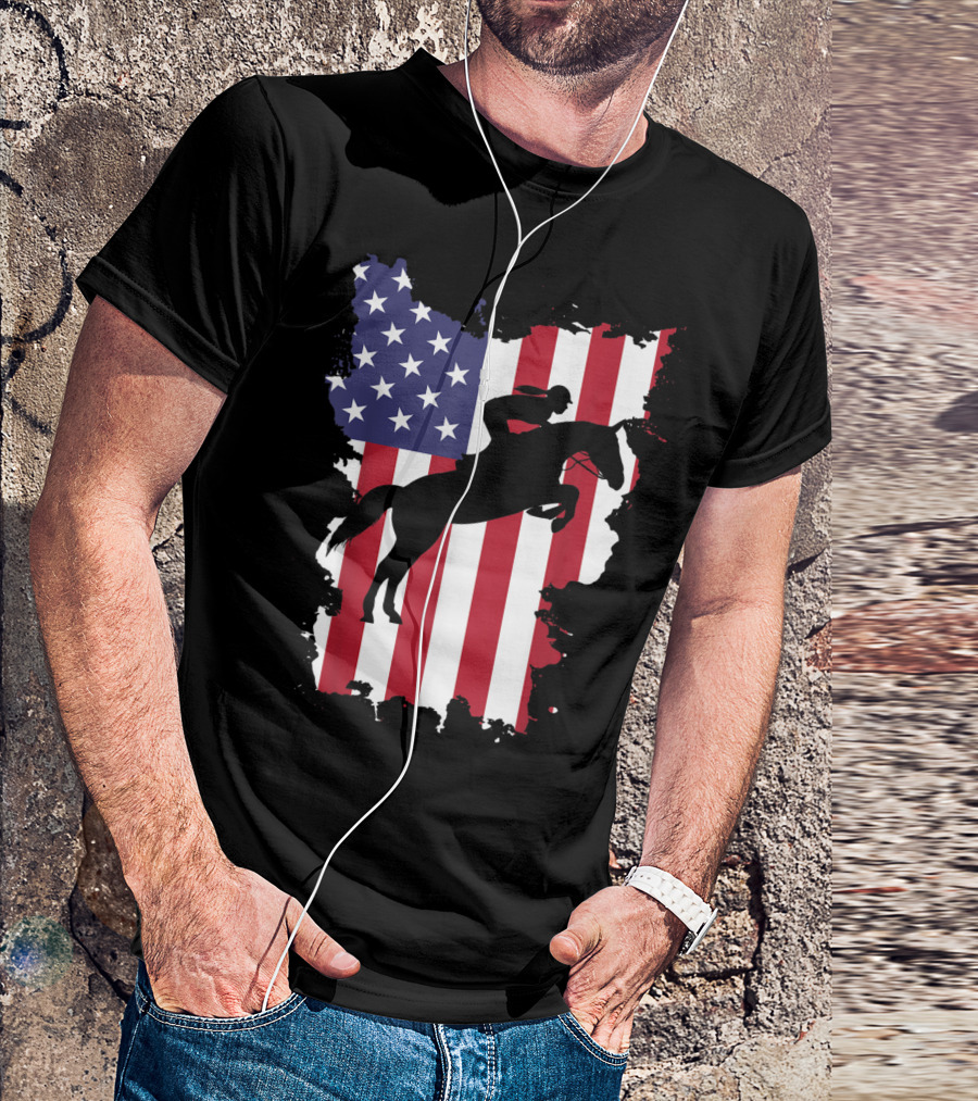 Show Jumping Horse Rider Silhouette Over American Flag 4th Of July U.S. Patriotic T-Shirt