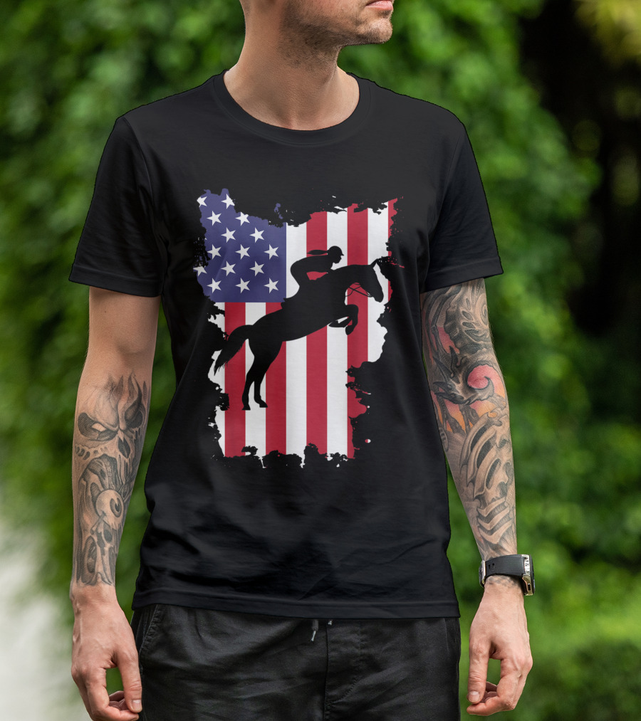 Show Jumping Horse Rider Silhouette Over American Flag 4th Of July U.S. Patriotic T-Shirt