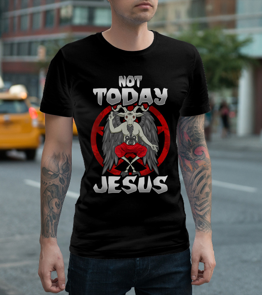 Not Today Jesus Baphomet Goat with Red Sigil Wings and Peace T-Shirt