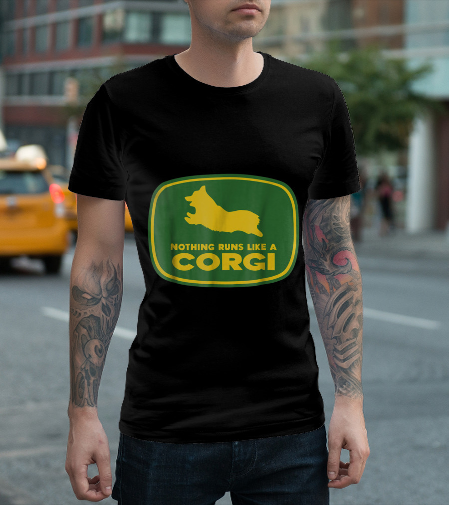 Nothing Runs Like A Corgi Fun Farm Canine Humor in Green and Yellow T-Shirt