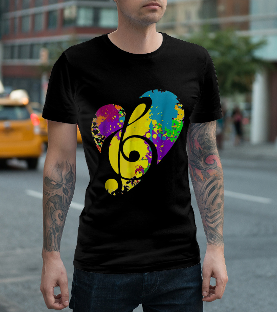 Watercolor Rainbow Treble Clef Heart Splatter Music T-Shirt