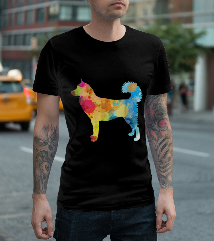 Watercolor Splash Love Siberian Husky Silhouette Multicolor T-Shirt