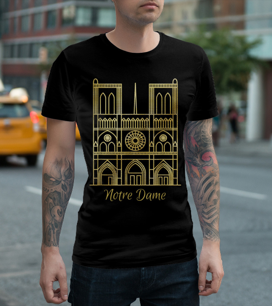 Notre Dame De Paris Historic Cathedral Gold Outline T-Shirt