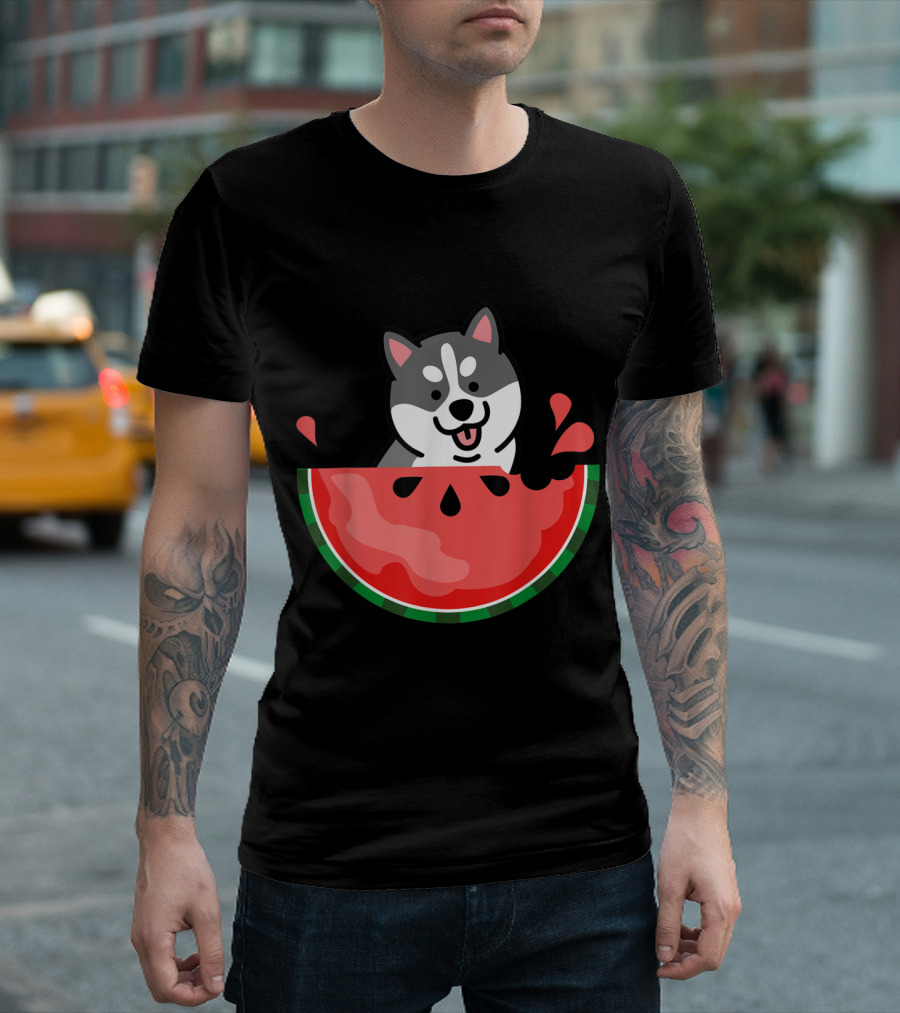 Husky and Watermelon Summer Delight with Playful Vibes T-Shirt