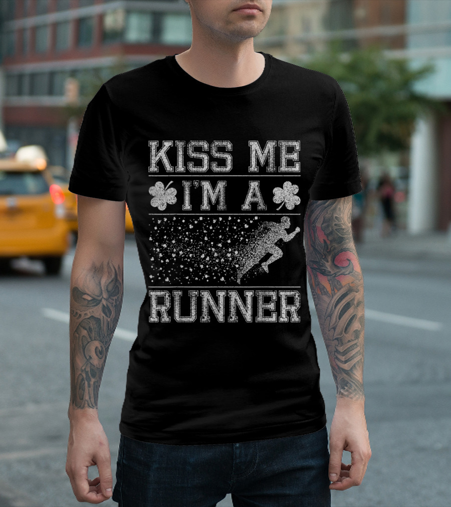 Kiss Me I'm A Runner Running Silhouette With Shamrocks T-Shirt