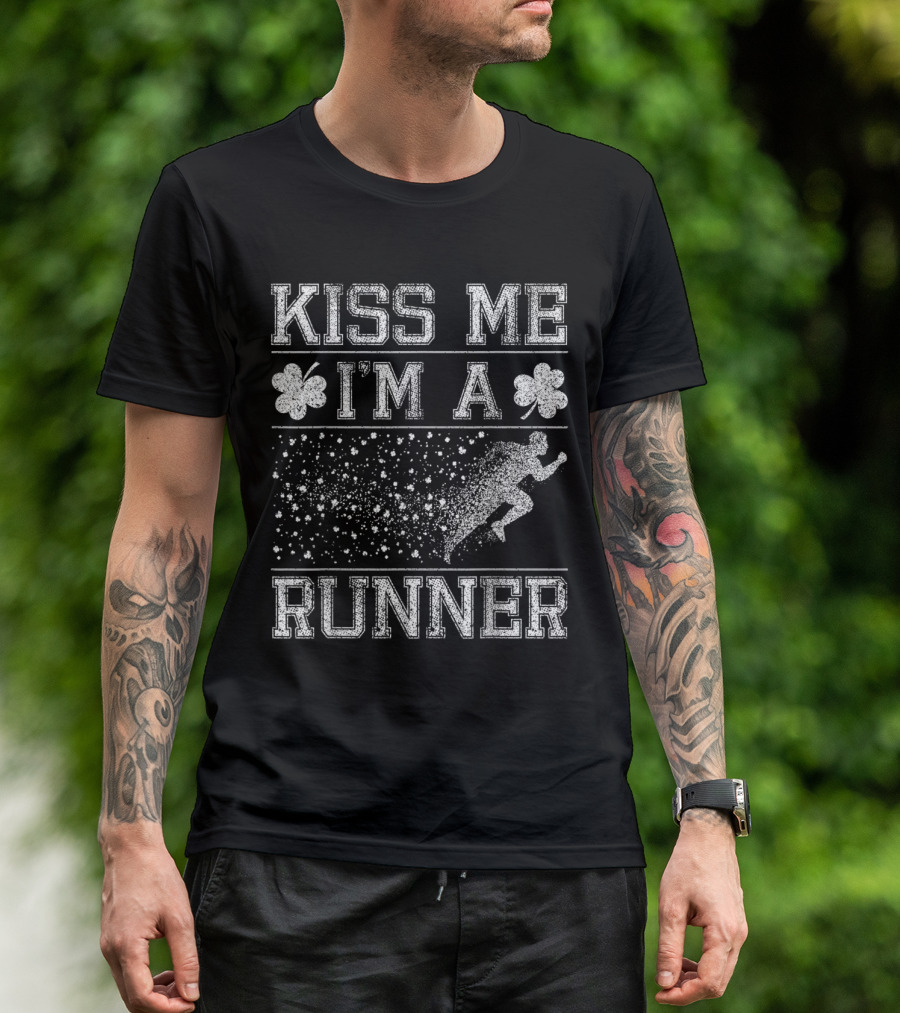 Kiss Me I'm A Runner Running Silhouette With Shamrocks T-Shirt