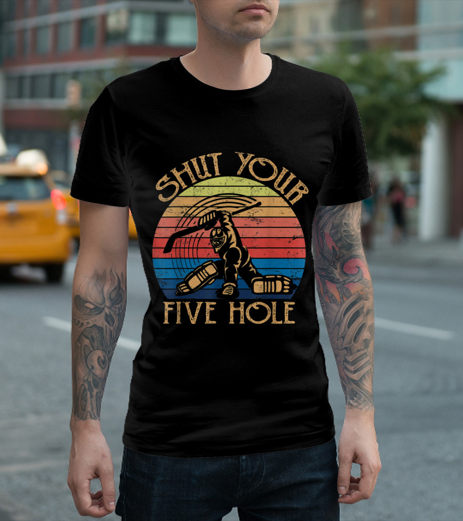 Shut Your Five Hole Retro Hockey Goalie Vintage Stripes T-Shirt