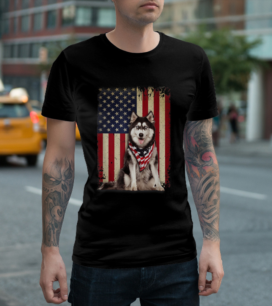 Siberian Huskies American Flag Vintage Style Dog In Patriotic Stars And Stripes Background T-Shirt