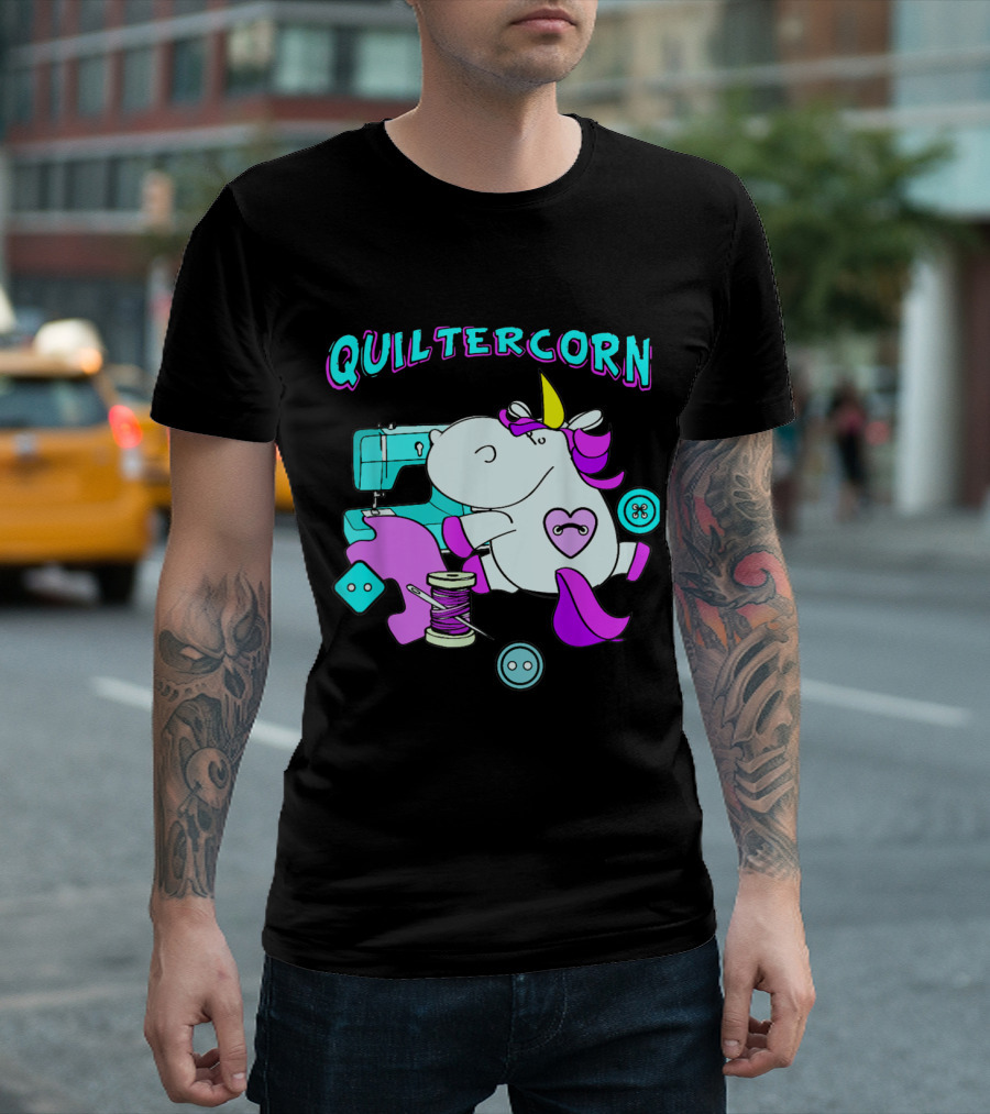 Quiltercorn Sewing Unicorn With Quilting Supplies Pastel Buttons And Thread T-Shirt