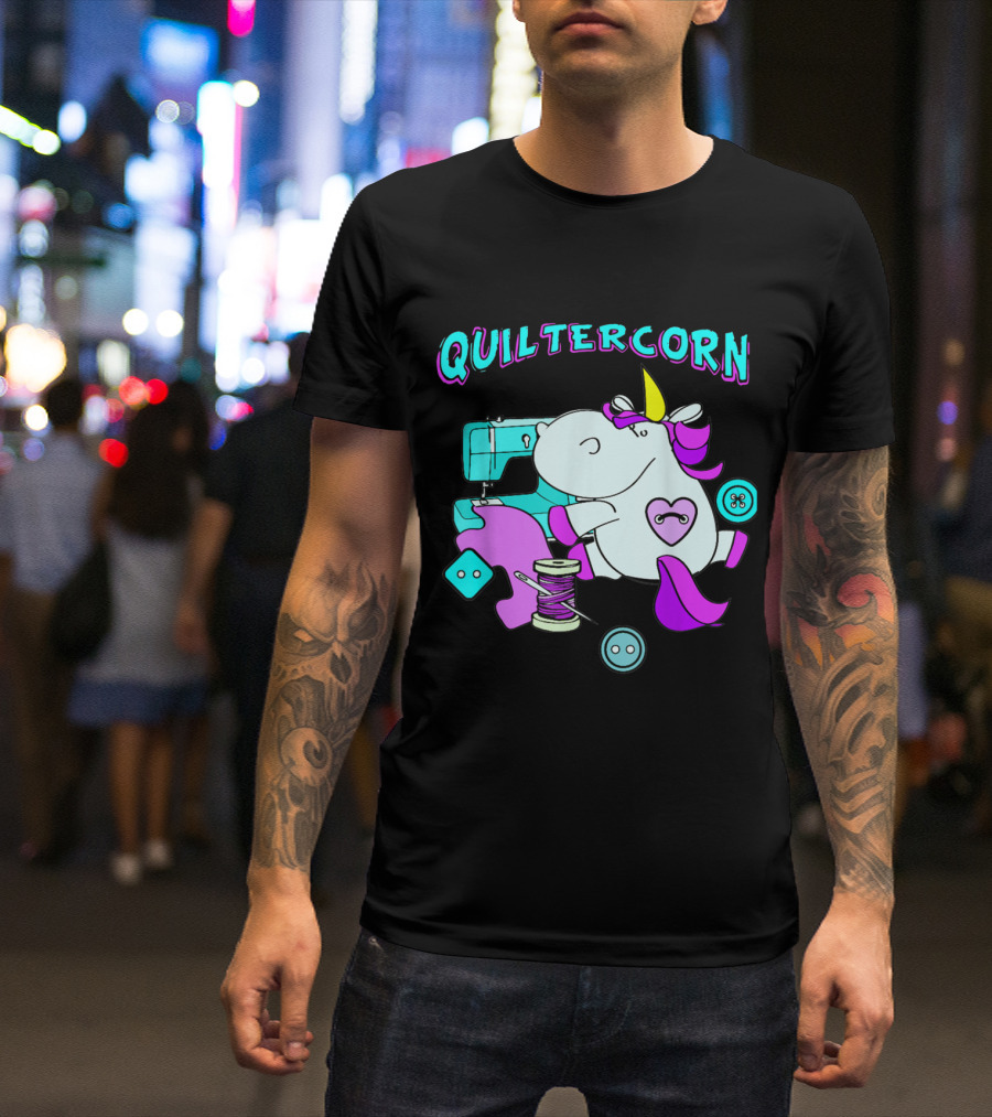 Quiltercorn Sewing Unicorn With Quilting Supplies Pastel Buttons And Thread T-Shirt