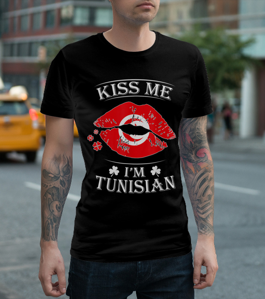 Kiss Me I'm Tunisian Red Lips with Shamrock Motif T-Shirt
