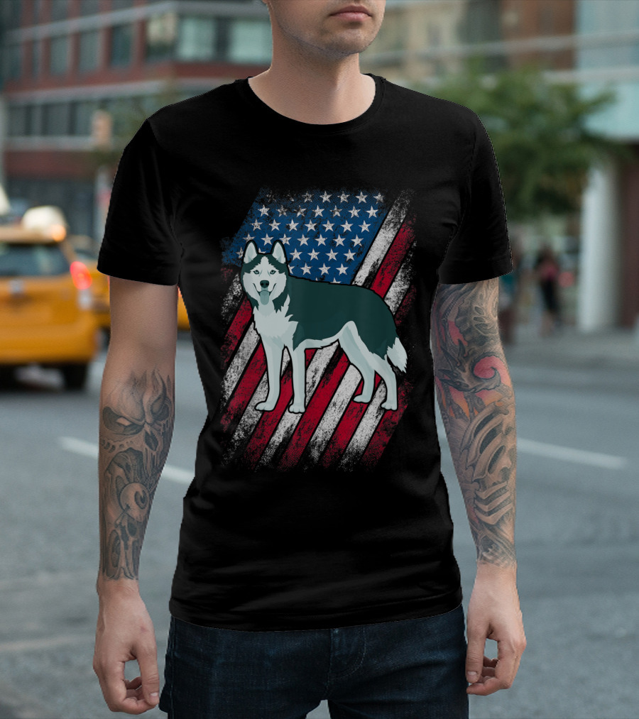 Siberian Husky with American Flag Background Celebrating 4th of July T-Shirt