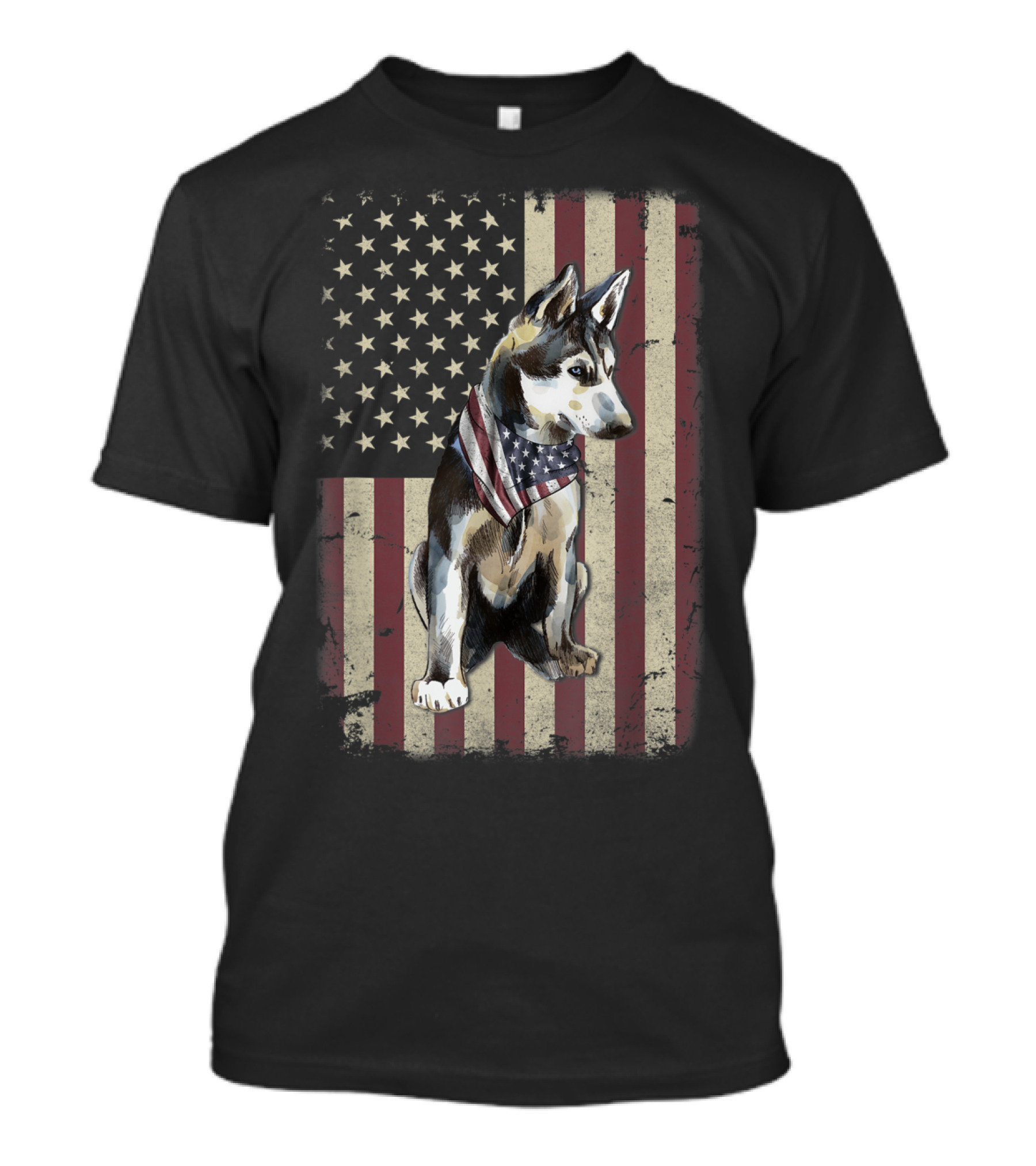 Siberian Husky Wearing American Flag Bandana With Vintage Style United States Flag Background T-Shirt
