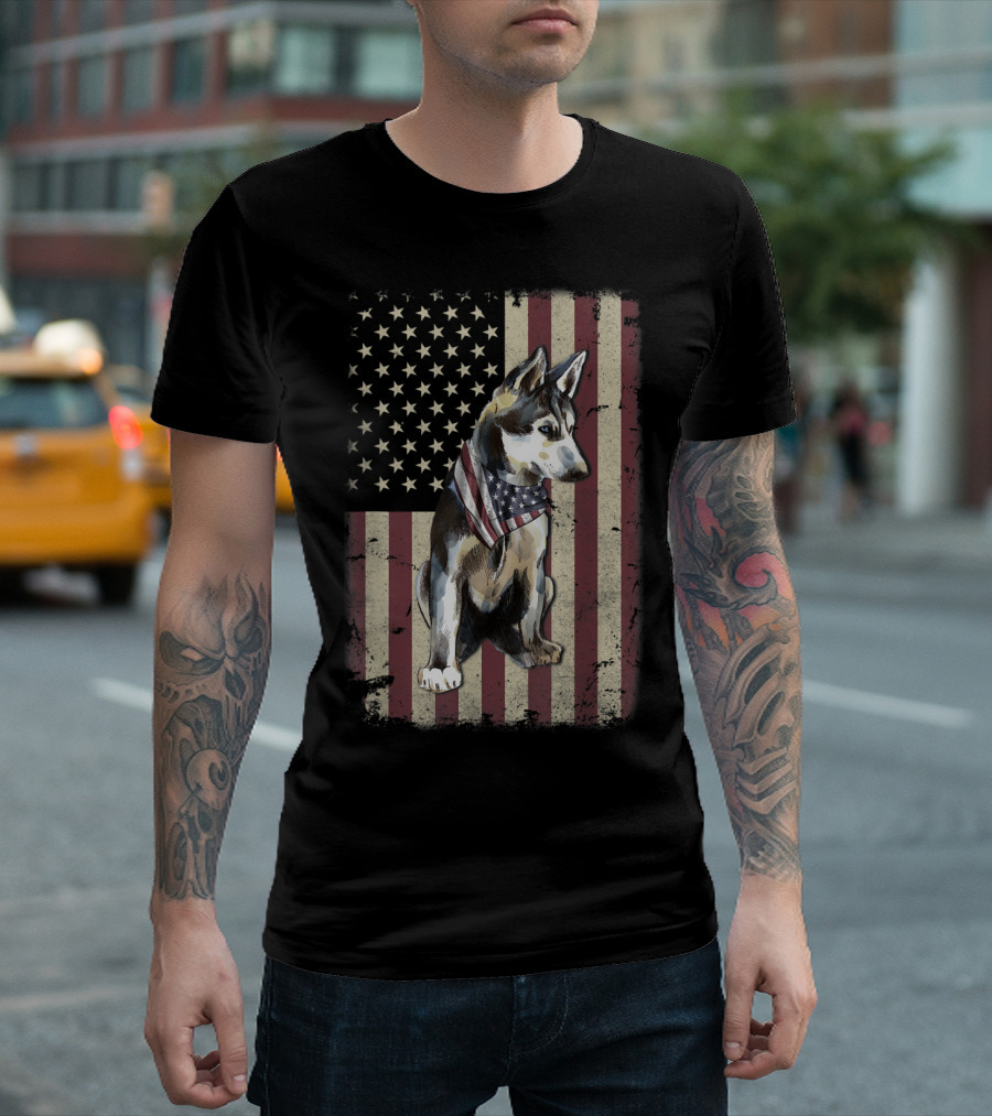 Siberian Husky Wearing American Flag Bandana With Vintage Style United States Flag Background T-Shirt