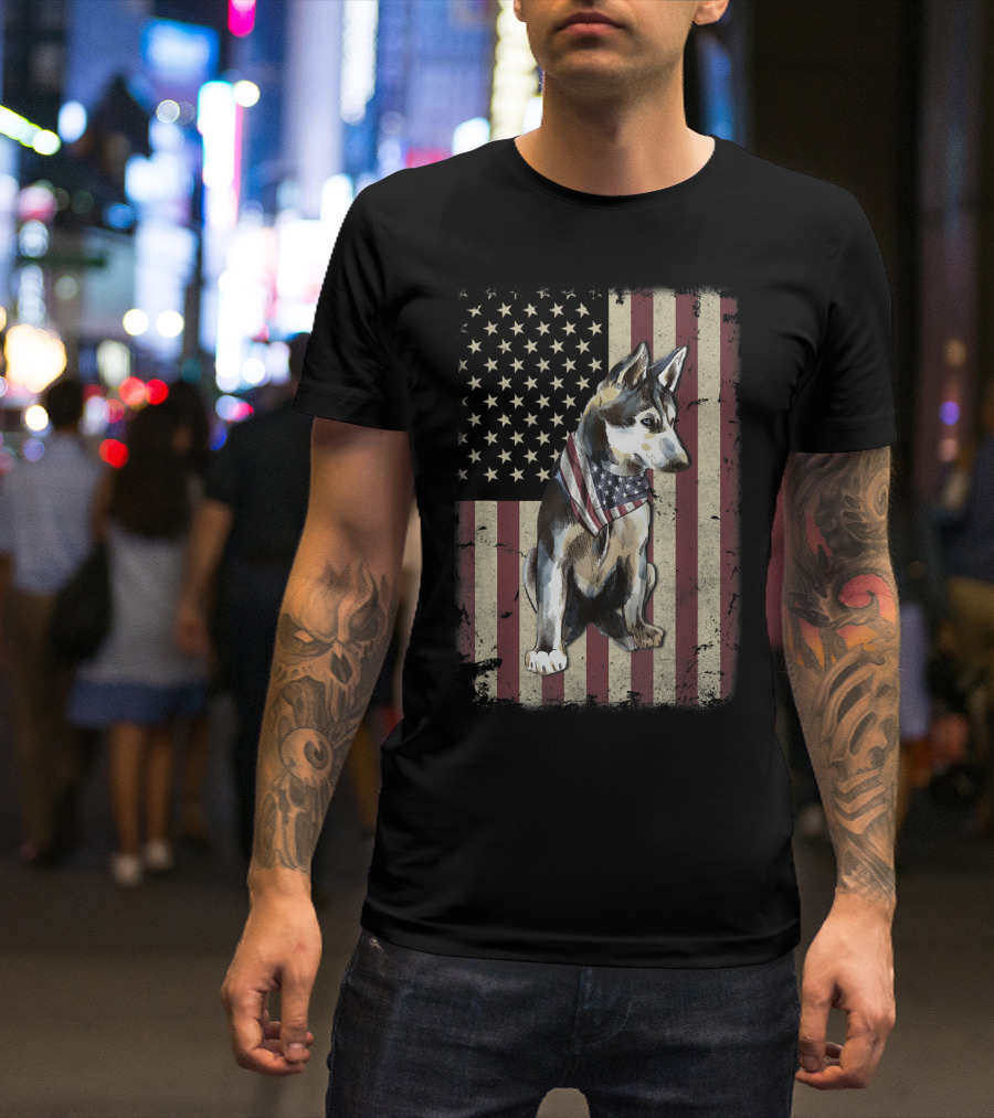 Siberian Husky Wearing American Flag Bandana With Vintage Style United States Flag Background T-Shirt