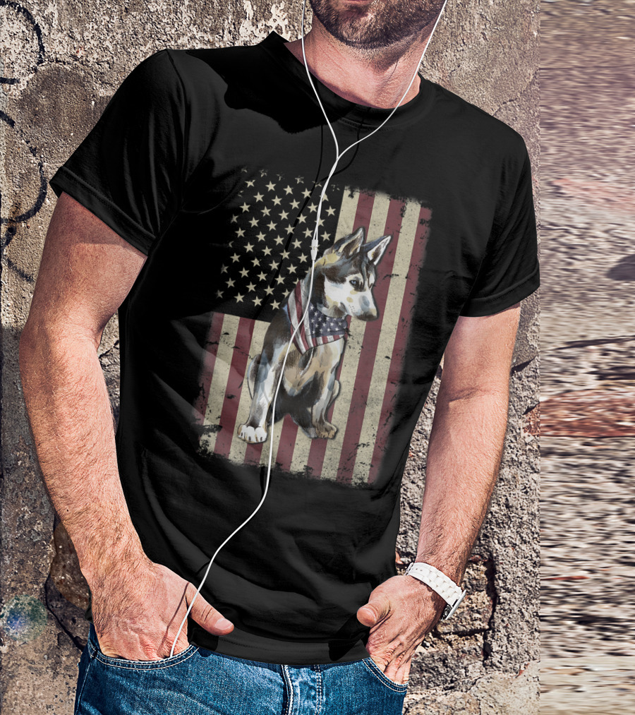 Siberian Husky Wearing American Flag Bandana With Vintage Style United States Flag Background T-Shirt