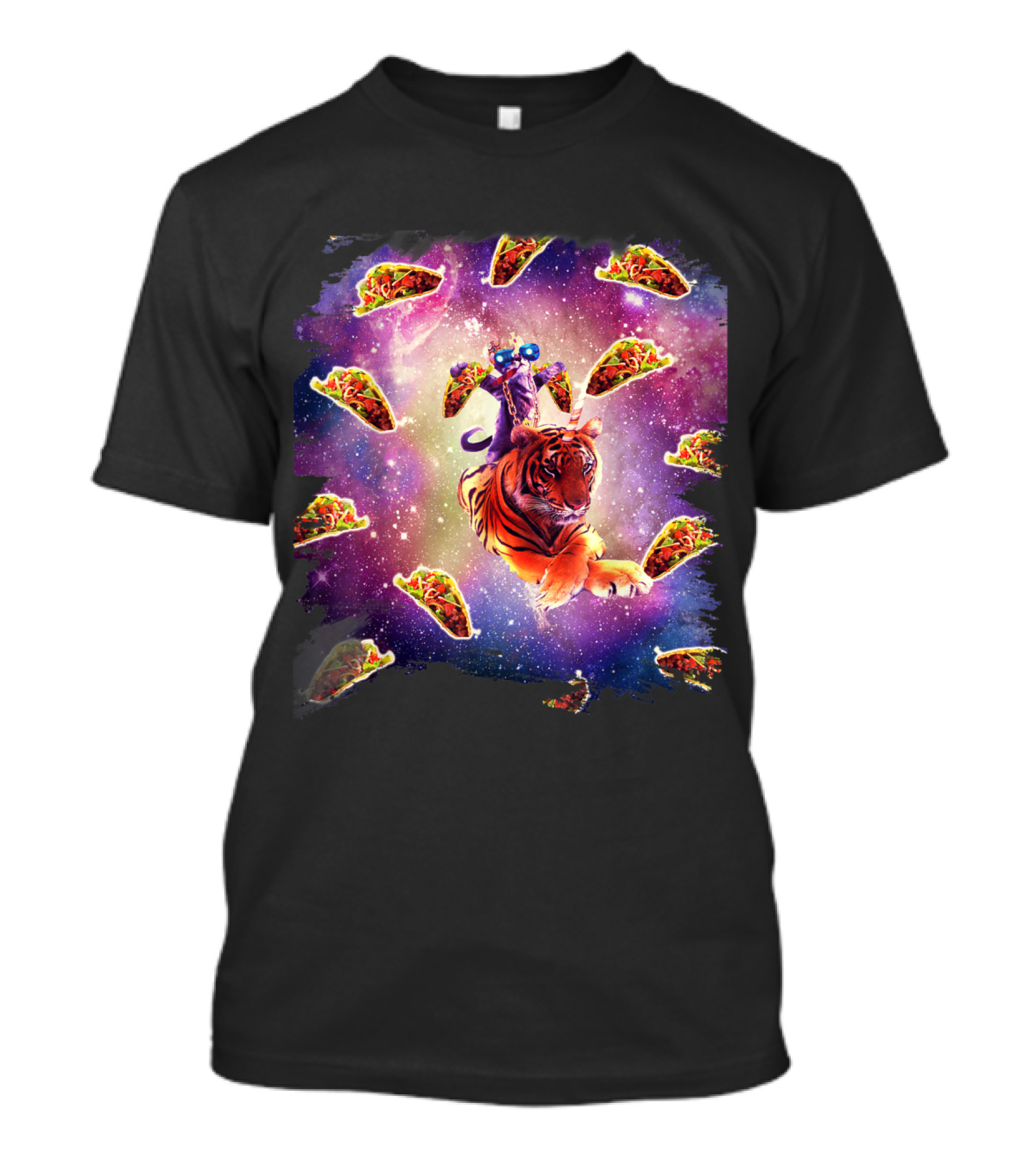 Thug Cat Riding Tiger Unicorn In Space Surrounded By Tacos T-Shirt