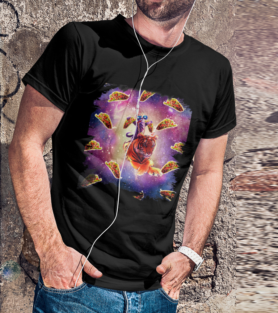 Thug Cat Riding Tiger Unicorn In Space Surrounded By Tacos T-Shirt