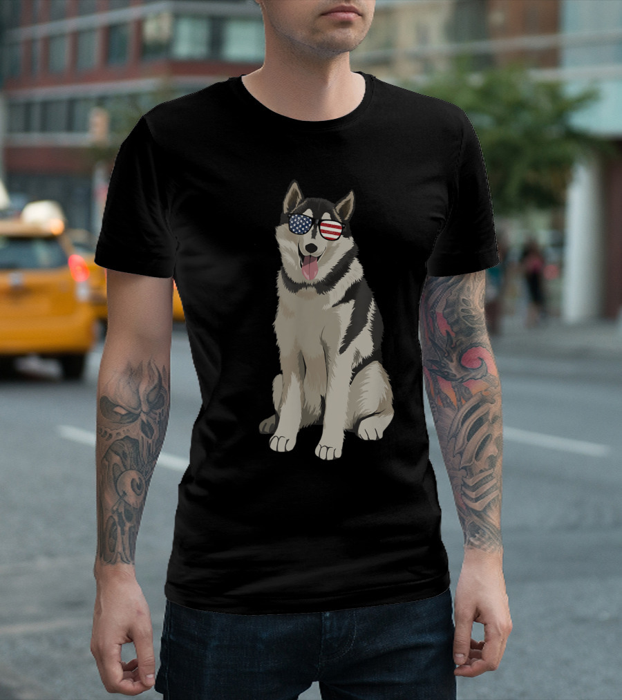 Siberian Husky Wearing American Flag Patterned Sunglasses T-Shirt