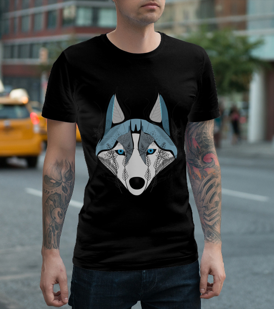 Siberian Husky Blue Eyes With Ornate Bird And Leaf Motif T-Shirt