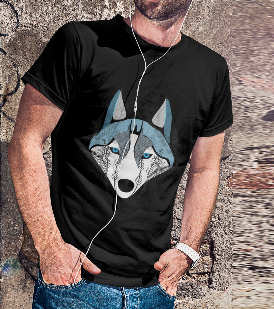 Siberian Husky Blue Eyes With Ornate Bird And Leaf Motif T-Shirt