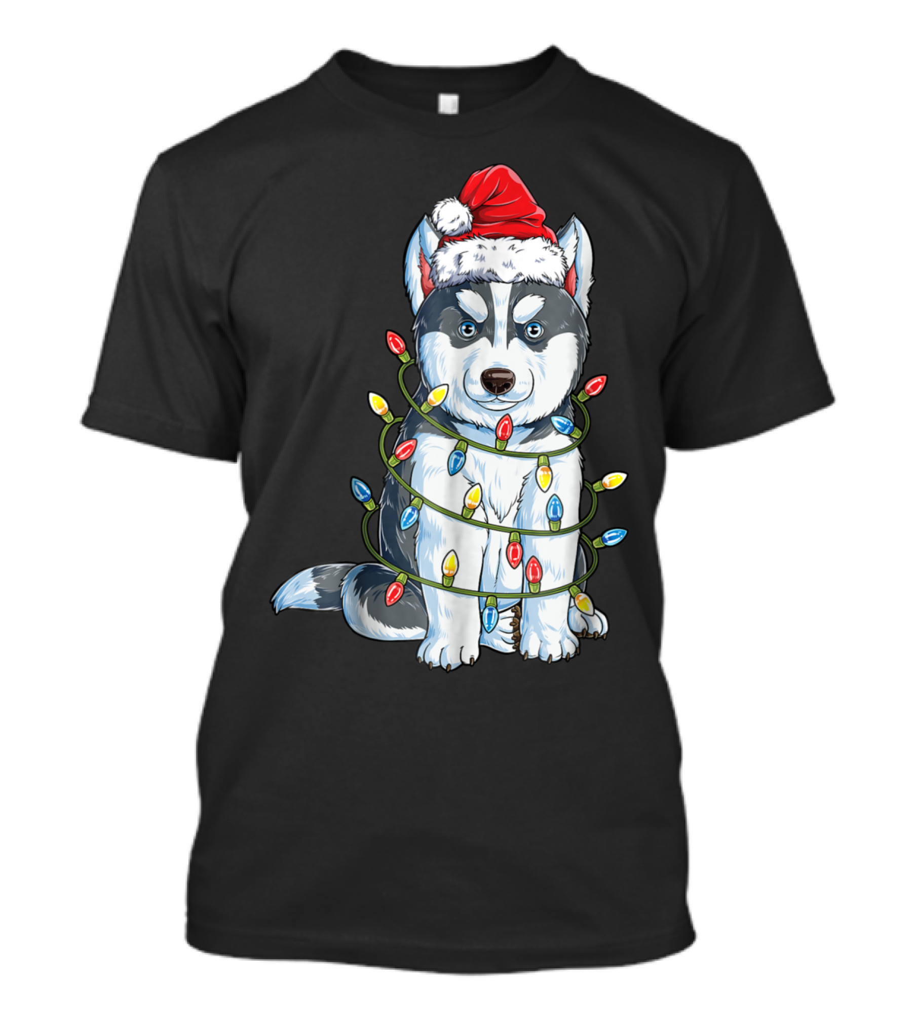 Siberian Husky In Christmas Lights With Santa Hat T-Shirt