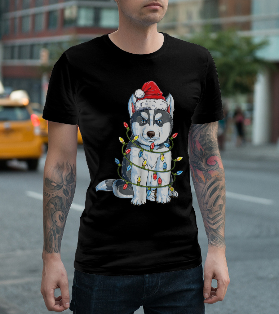 Siberian Husky In Christmas Lights With Santa Hat T-Shirt
