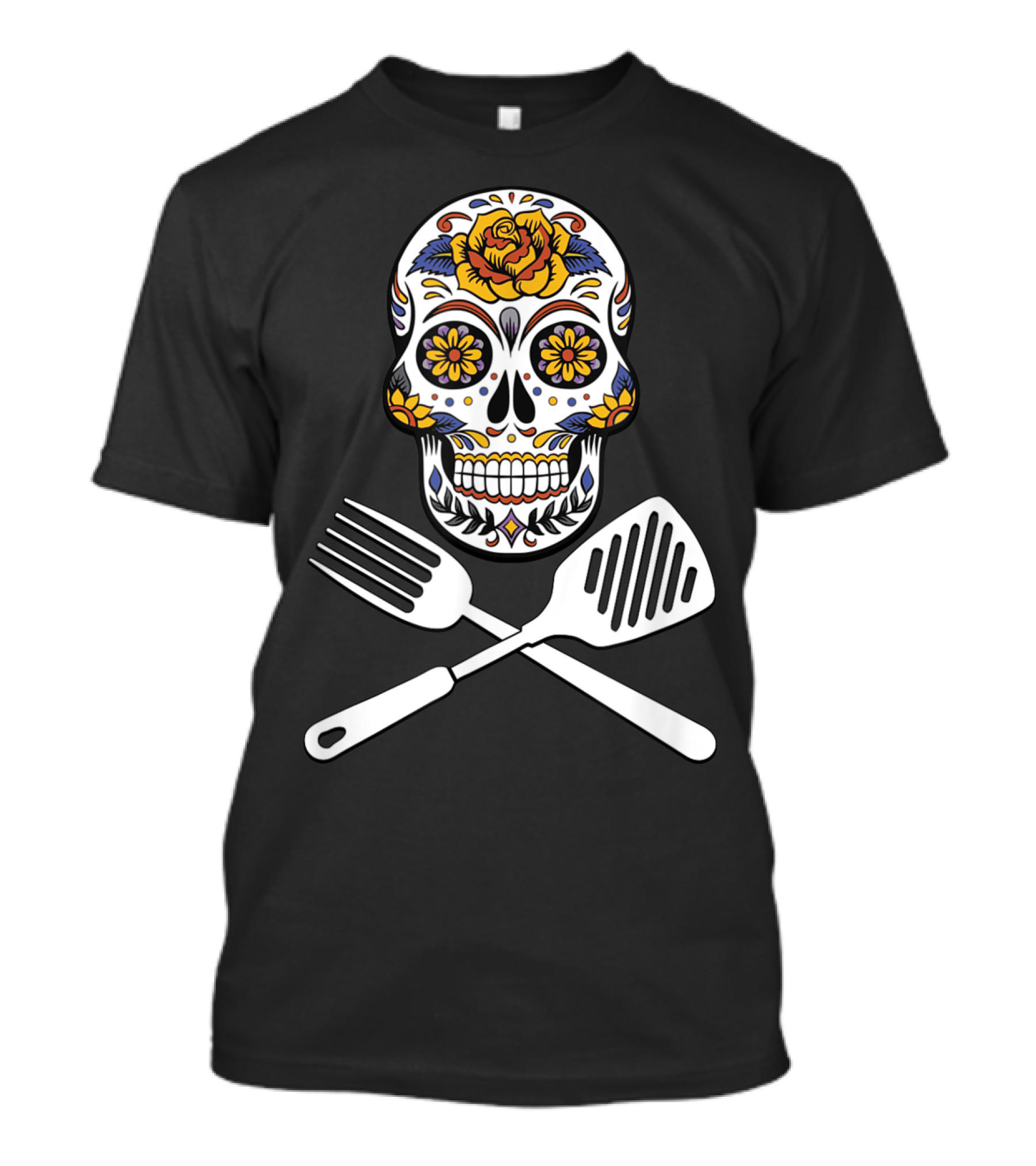 Kitchen Chef Sugar Skull Flower Crossed Utensils T-Shirt