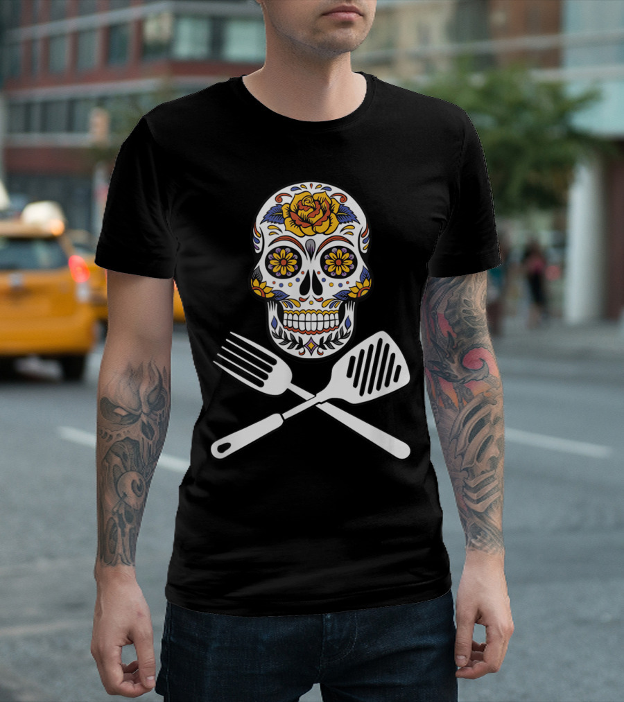 Kitchen Chef Sugar Skull Flower Crossed Utensils T-Shirt