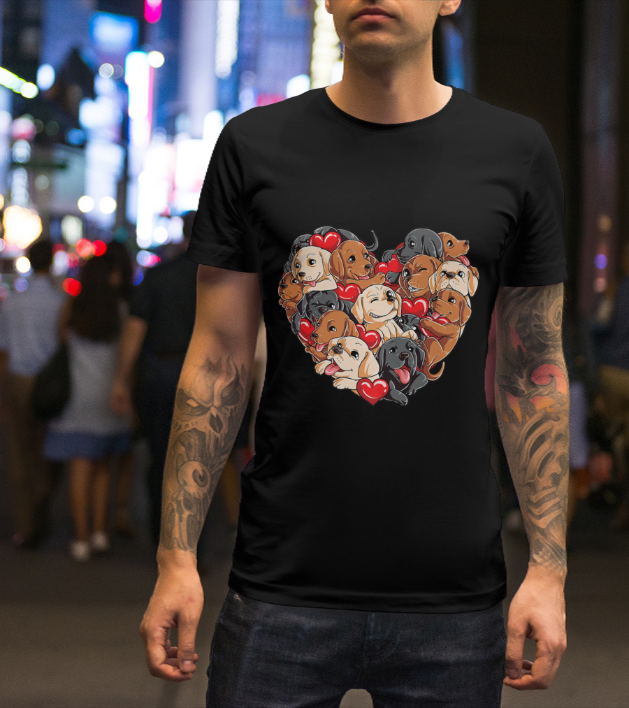 Heart Shape Formed By Labrador Puppies With Red Hearts Valentine's Day T-Shirt