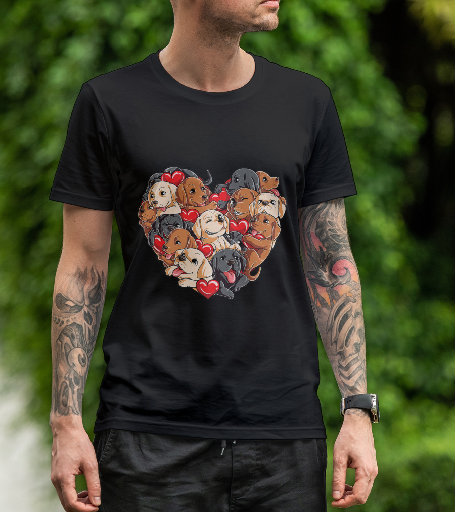 Heart Shape Formed By Labrador Puppies With Red Hearts Valentine's Day T-Shirt
