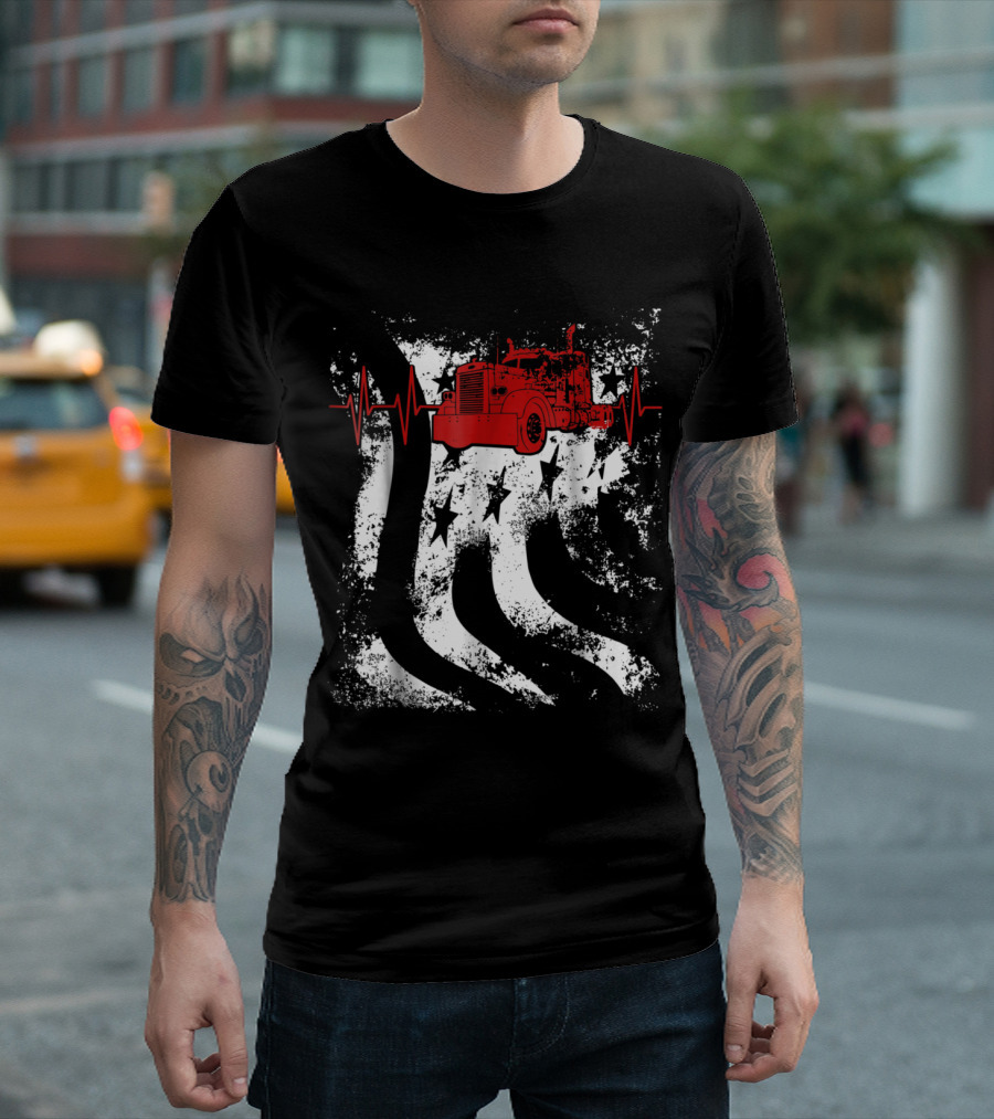 American Big Rig Trucks Are The U.S. Heartbeat With Stars And Stripes Flag T-Shirt