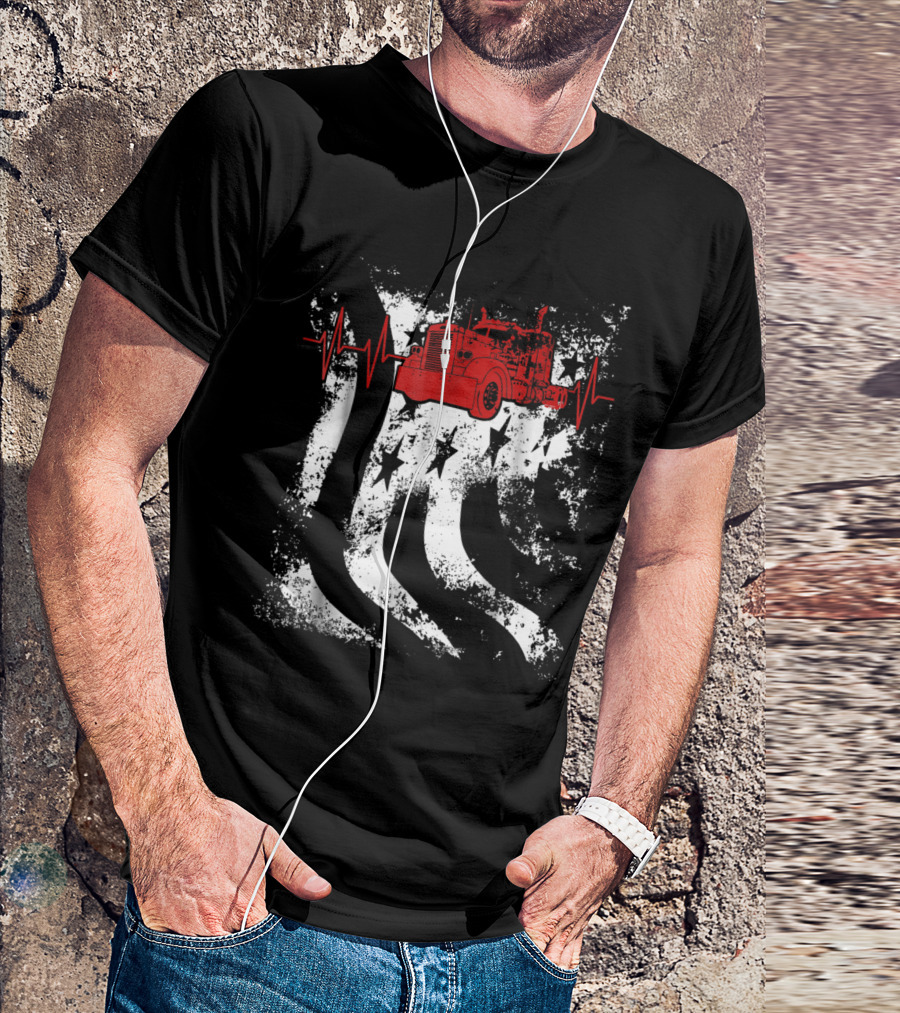 American Big Rig Trucks Are The U.S. Heartbeat With Stars And Stripes Flag T-Shirt