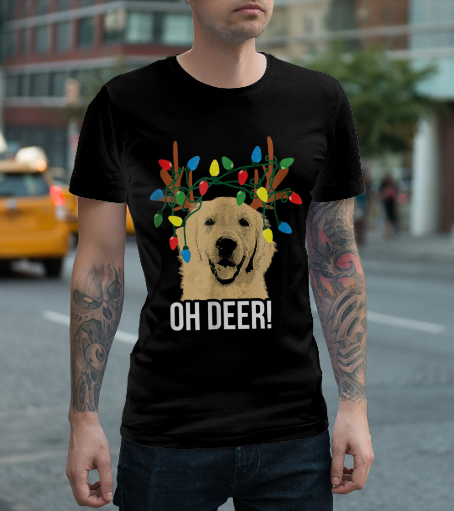 Oh Deer Golden Retriever with Christmas Lights Reindeer Antlers T-Shirt