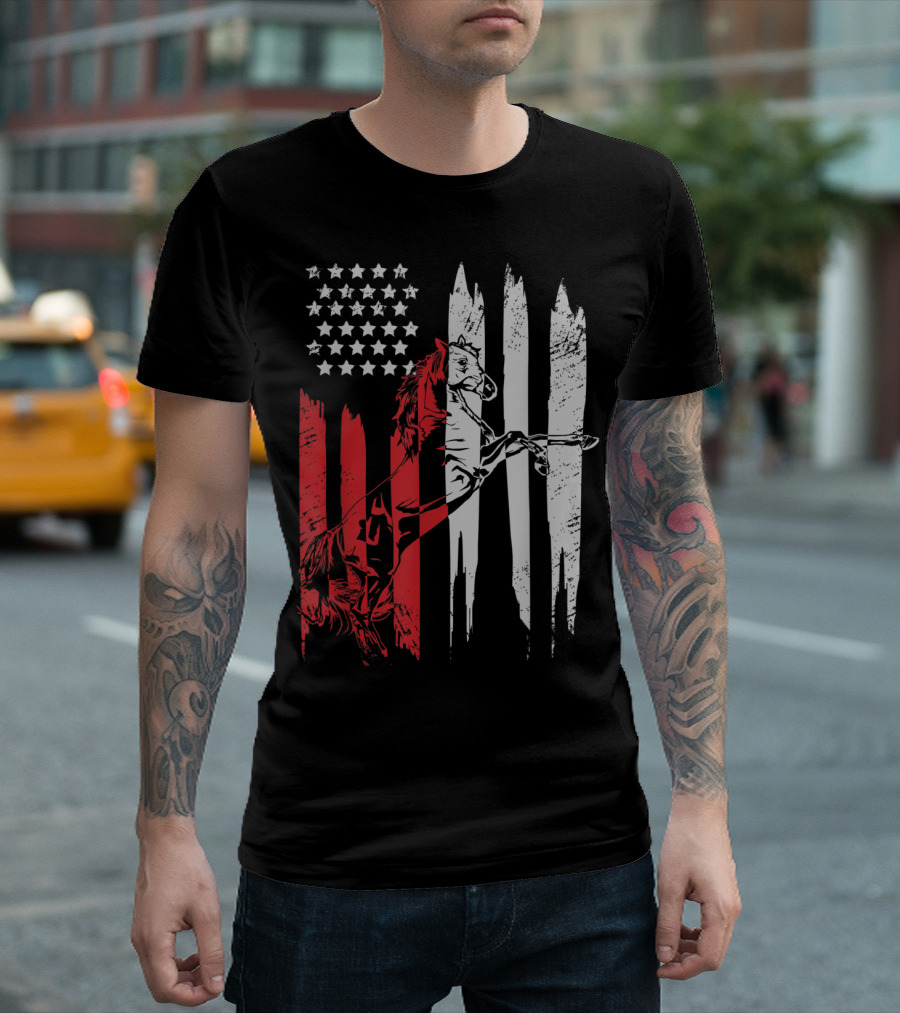American Flag with Horse Silhouette and Western Riding Cowboy or Cowgirl Style Elements T-Shirt