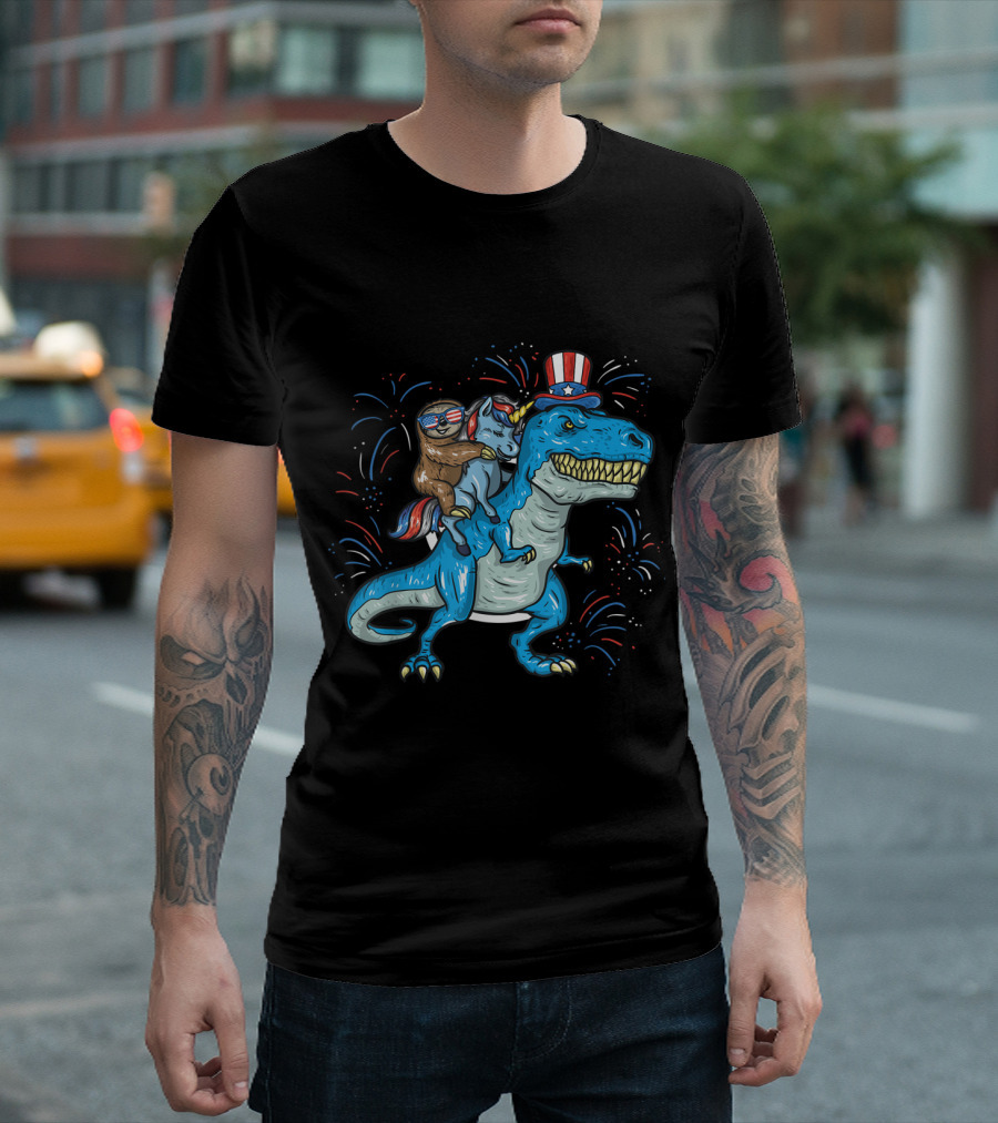 Sloth with Patriotic Sunglasses Riding Unicorn on T-Rex with Uncle Sam Hat Fireworks 4th of July T-Shirt