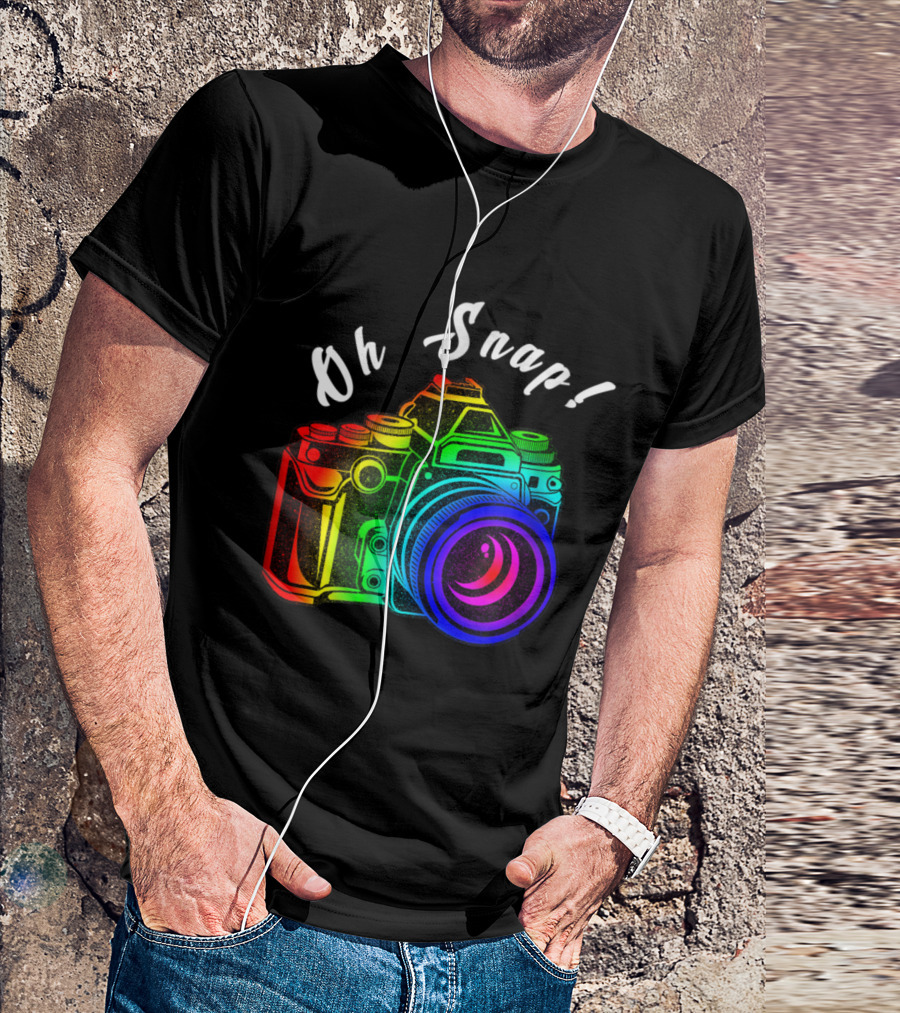 Oh Snap Colorful Retro Camera Illustration With Rainbow Lens Vintage Humorous Photographer Phrase T-Shirt