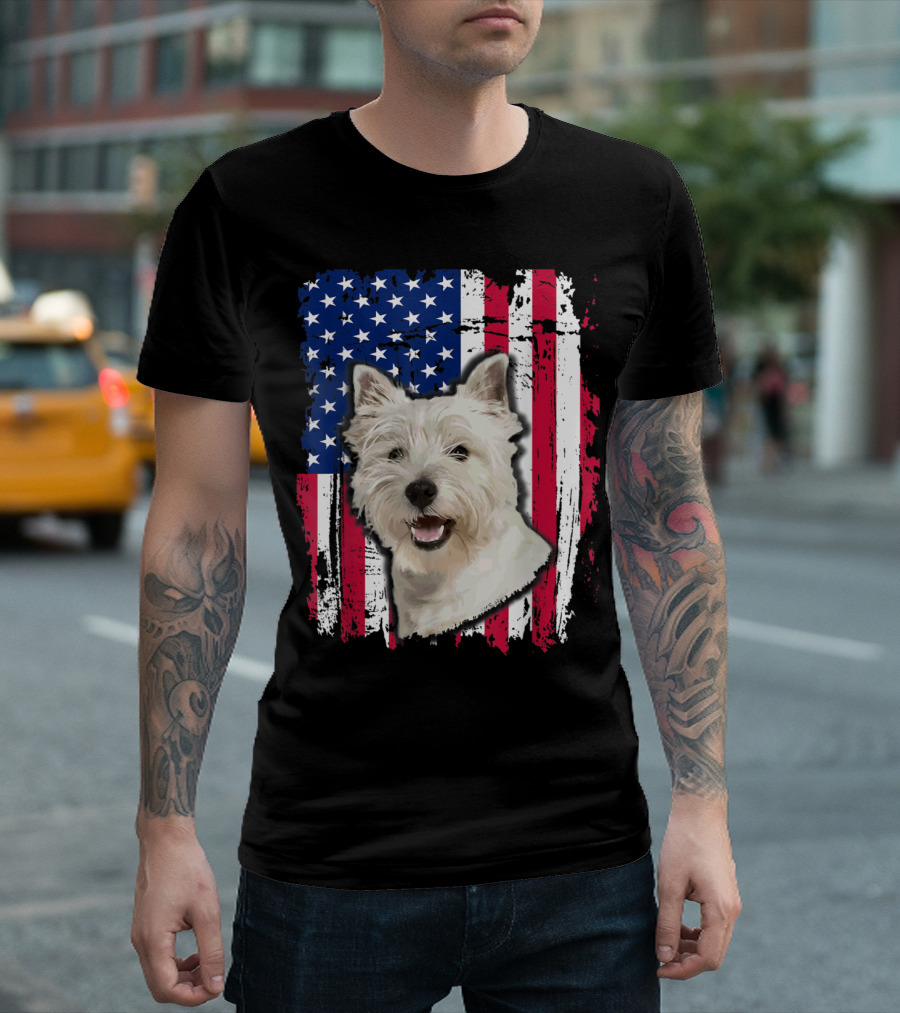 Westie Dog with American Flag Background 4th of July T-Shirt