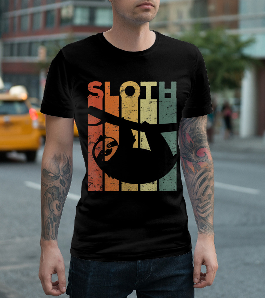 Retro Sloth Hanging Out Of Bed Vintage Stripes for Women Men Kids T-Shirt