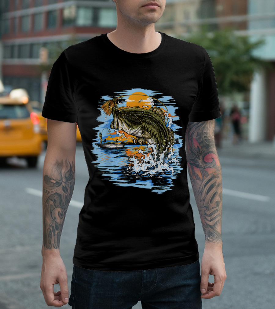 Largemouth Bass Fishing Sunset Splash with Angler Boat and Lure T-Shirt