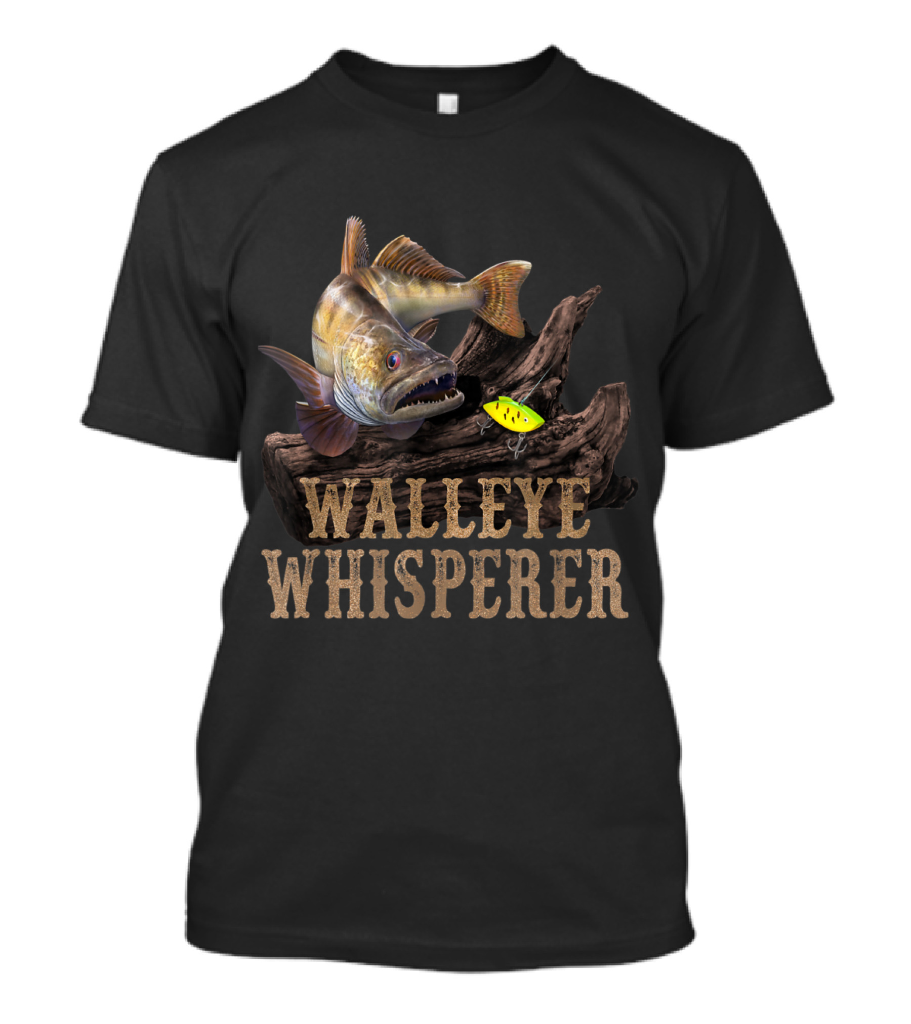 Walleye Whisperer Large Fish With Fishing Lure On Driftwood T-Shirt