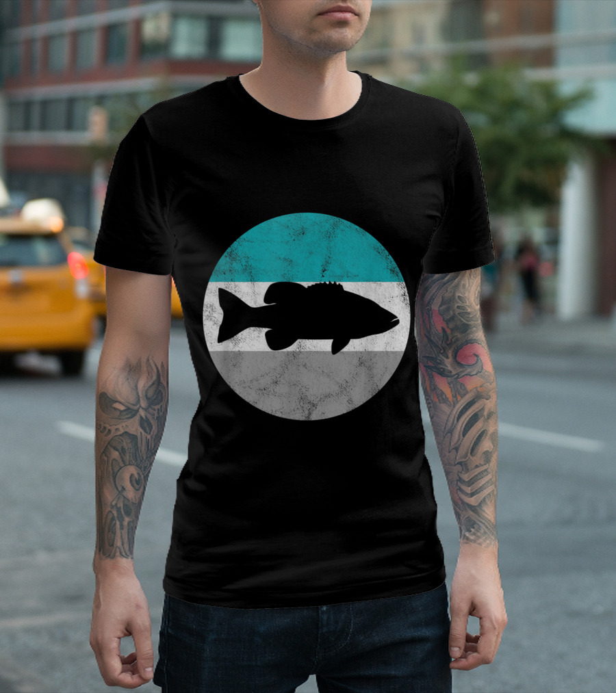 Largemouth Bass Fish Silhouette on Vintage Striped Circle T-Shirt