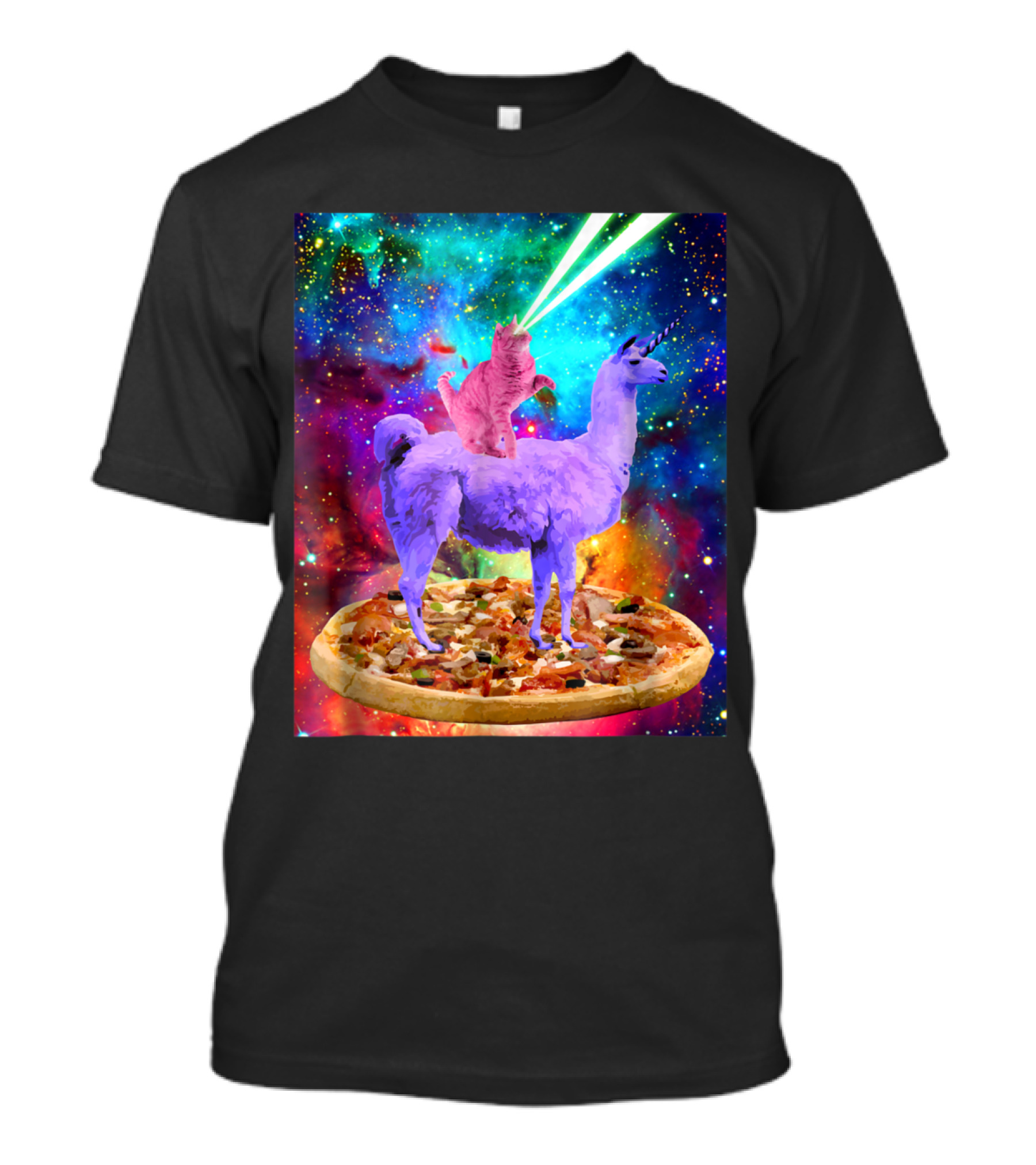 Outer Space Cat With Laser Eyes Rides Llama On Giant Pizza Galaxy T-Shirt