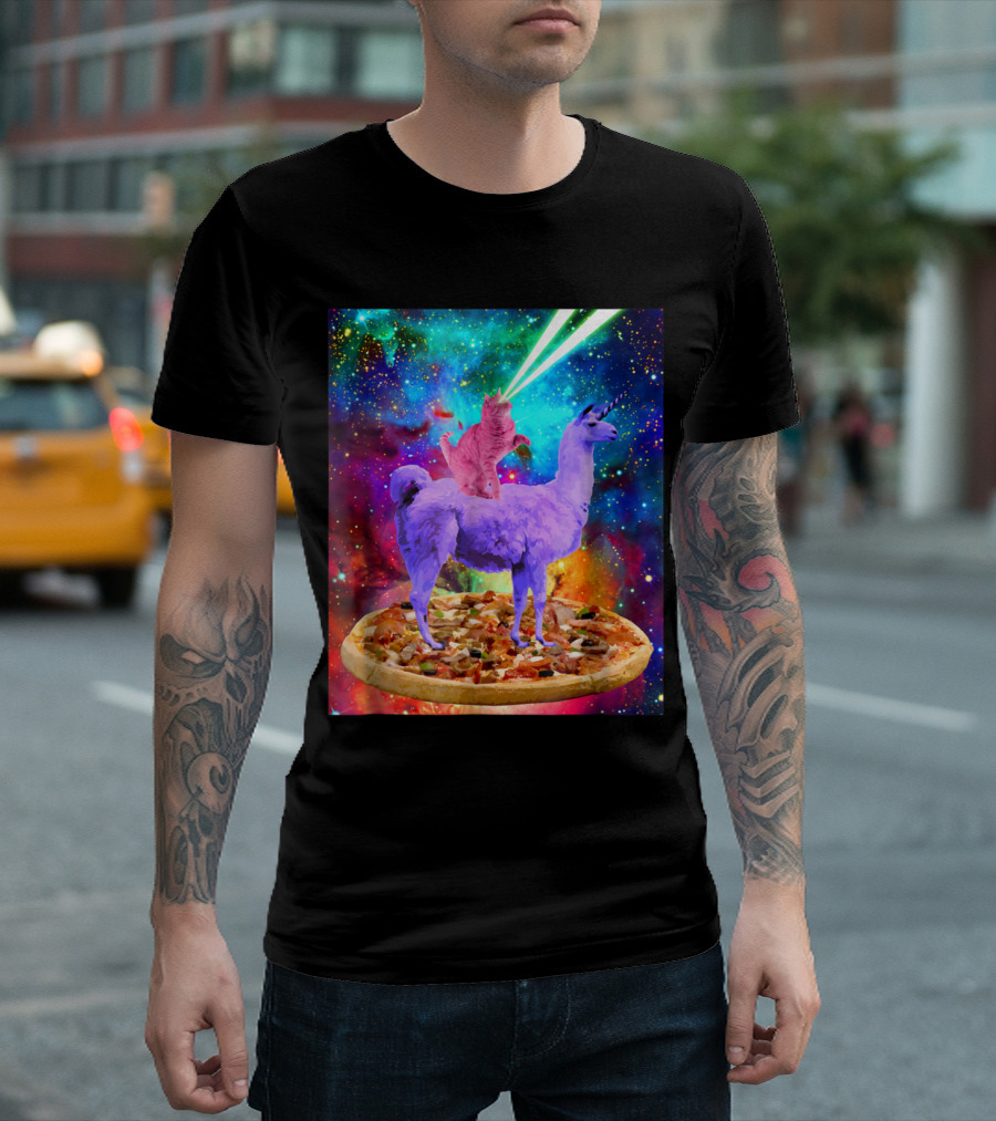 Outer Space Cat With Laser Eyes Rides Llama On Giant Pizza Galaxy T-Shirt