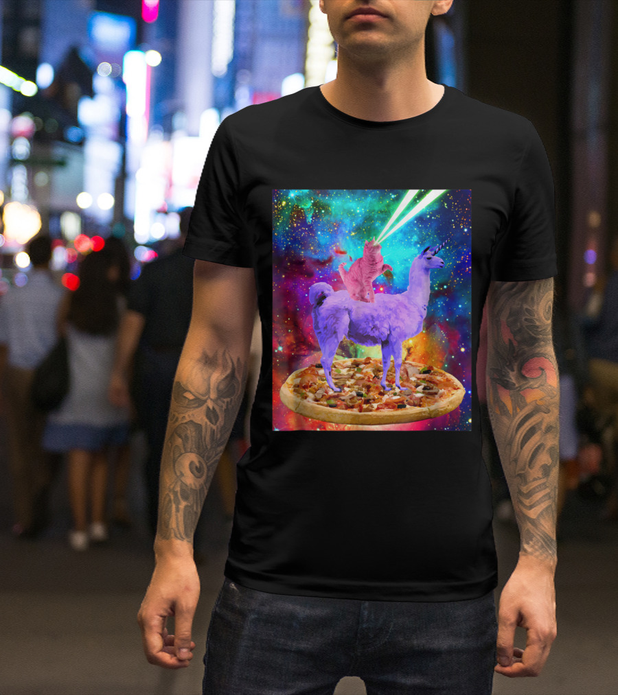 Outer Space Cat With Laser Eyes Rides Llama On Giant Pizza Galaxy T-Shirt