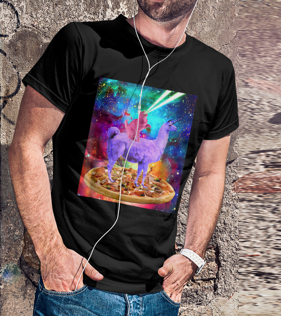Outer Space Cat With Laser Eyes Rides Llama On Giant Pizza Galaxy T-Shirt