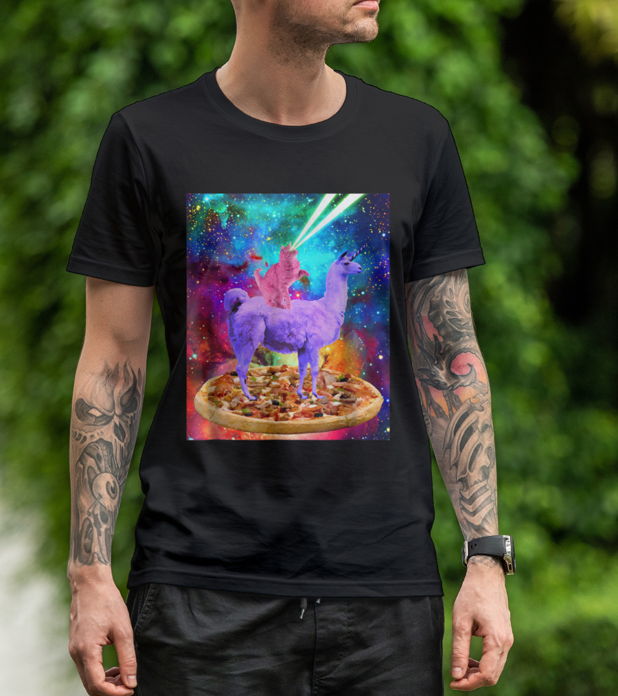 Outer Space Cat With Laser Eyes Rides Llama On Giant Pizza Galaxy T-Shirt