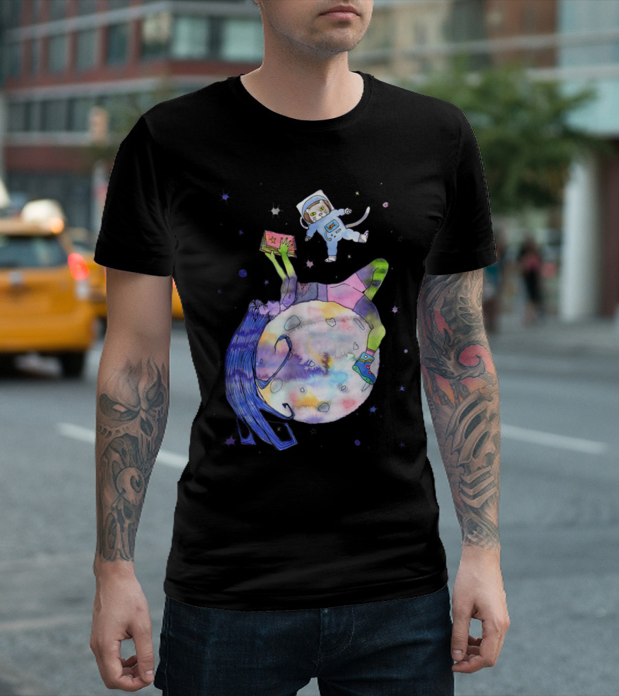 Space Cat Floating with Long-Haired Girl Reading a Book on Moon T-Shirt